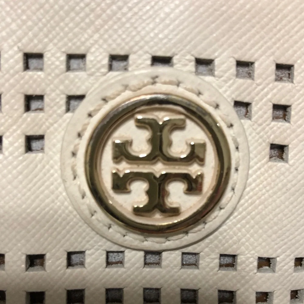 Tory Burch White Perforated Leather Tote with Gold Logo